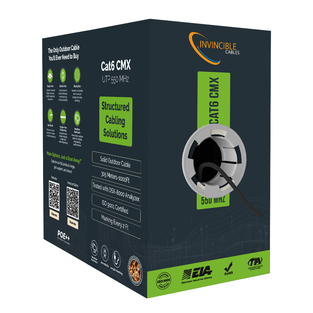 Cat6 CMX Outdoor | 1000ft | 23AWG Solid Copper | UTP | 550MHz | Blue Delivers 10Gb speeds and all PoE types — Fluke tested up to 100 meters, outdoor-rated with UV-resistant jacket.