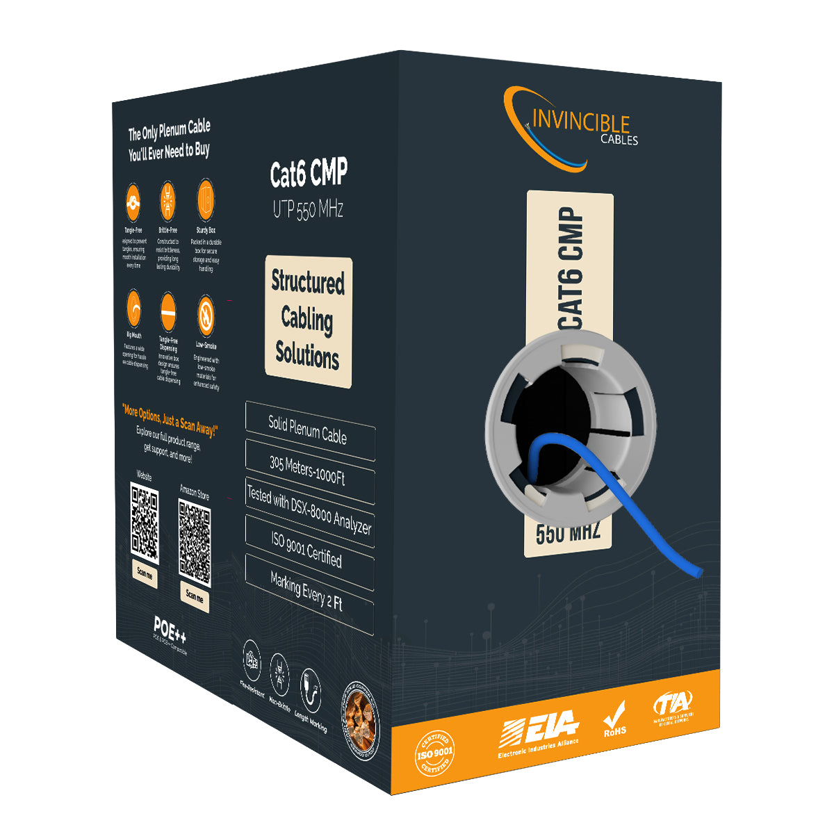 Cat6 CMP Plenum | 1000ft | 23AWG Solid Copper | UTP | 550MHz | White Delivers 10Gb speeds and all PoE types — Fluke tested up to 100 meters.