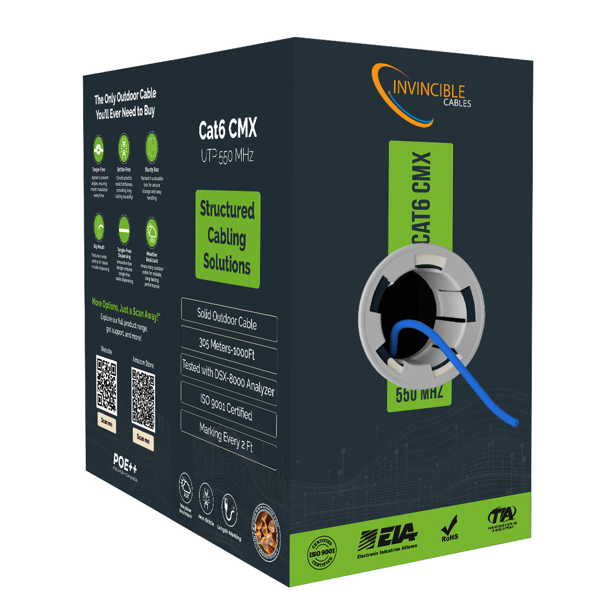Cat6 CMX Outdoor | 1000ft | 23AWG Solid Copper | UTP | 550MHz | Blue Delivers 10Gb speeds and all PoE types — Fluke tested up to 100 meters, outdoor-rated with UV-resistant jacket.