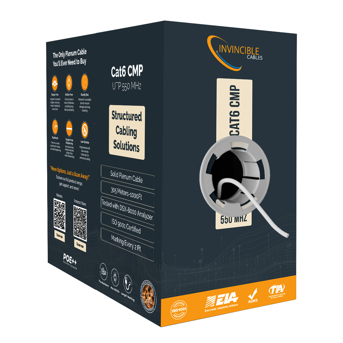 Cat6 CMP Plenum | 1000ft | 23AWG Solid Copper | UTP | 550MHz | White Delivers 10Gb speeds and all PoE types — Fluke tested up to 100 meters.