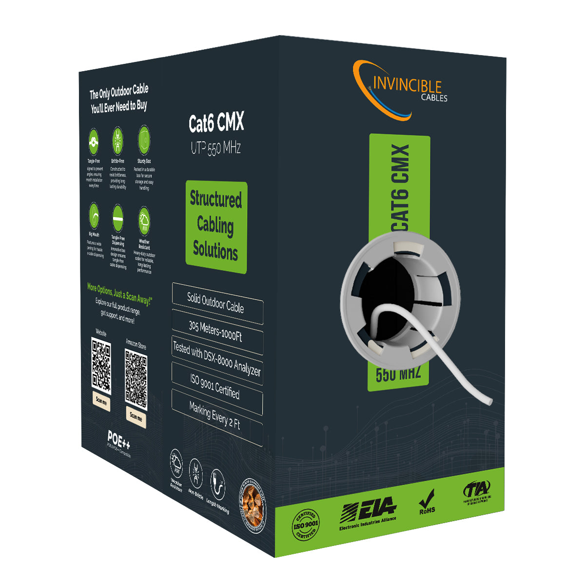 Cat6 CMX Outdoor | 1000ft | 23AWG Solid Copper | UTP | 550MHz | Blue Delivers 10Gb speeds and all PoE types — Fluke tested up to 100 meters, outdoor-rated with UV-resistant jacket.