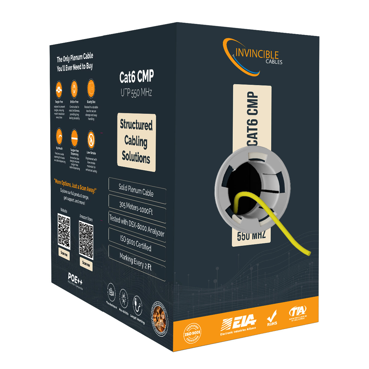 Cat6 CMP Plenum | 1000ft | 23AWG Solid Copper | UTP | 550MHz | White Delivers 10Gb speeds and all PoE types — Fluke tested up to 100 meters.