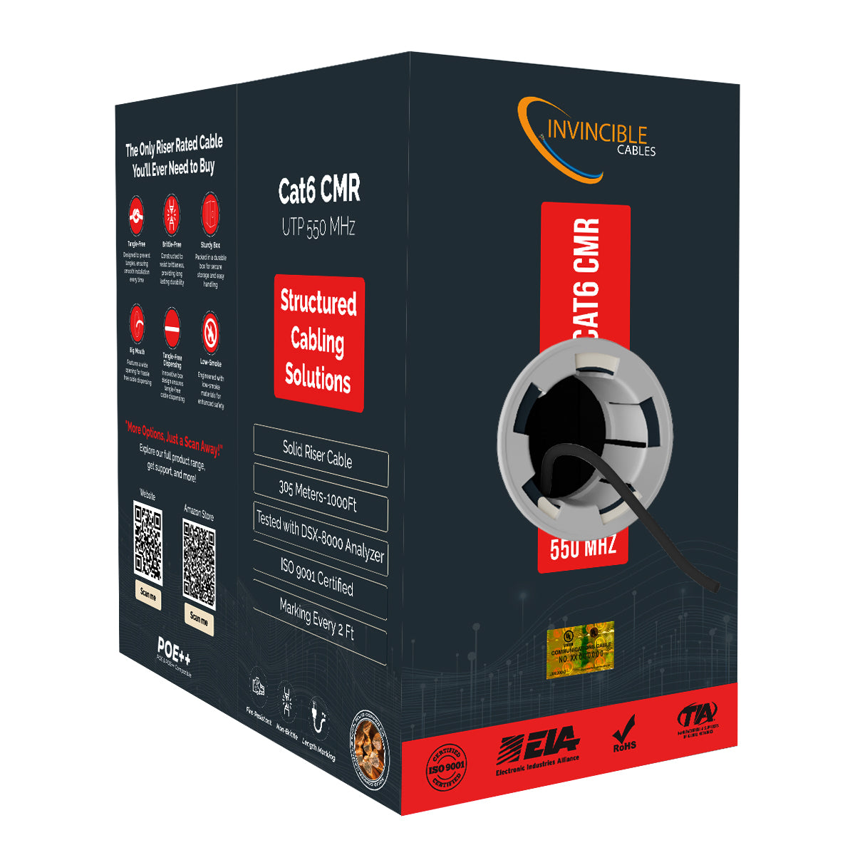 Cat6 CMR Riser,UL-Listed | 1000ft | 23AWG Solid Copper | UTP | 550MHz | White Delivers 10Gb speeds and all PoE types — Fluke tested up to 100 meters