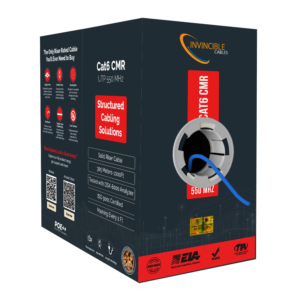 Cat6 CMR Riser,UL-Listed | 1000ft | 23AWG Solid Copper | UTP | 550MHz | White Delivers 10Gb speeds and all PoE types — Fluke tested up to 100 meters