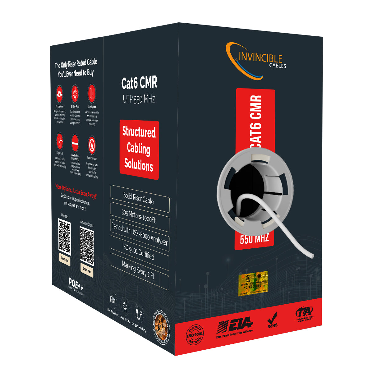 Cat6 CMR Riser,UL-Listed | 1000ft | 23AWG Solid Copper | UTP | 550MHz | White Delivers 10Gb speeds and all PoE types — Fluke tested up to 100 meters