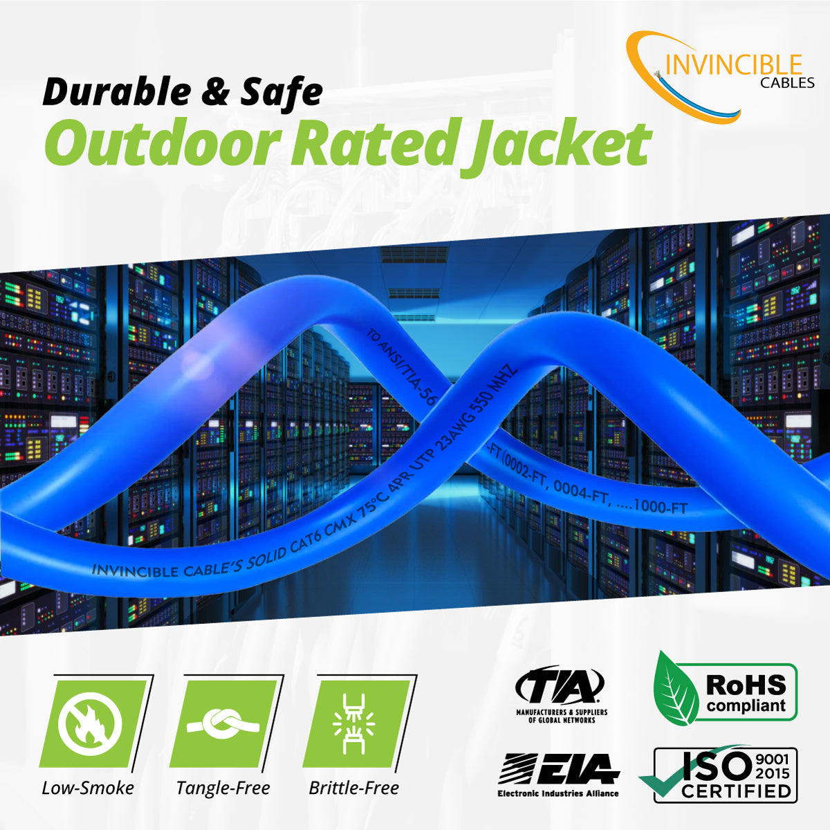 Cat6 CMX Outdoor | 1000ft | 23AWG Solid Copper | UTP | 550MHz | Blue Delivers 10Gb speeds and all PoE types — Fluke tested up to 100 meters, outdoor-rated with UV-resistant jacket.