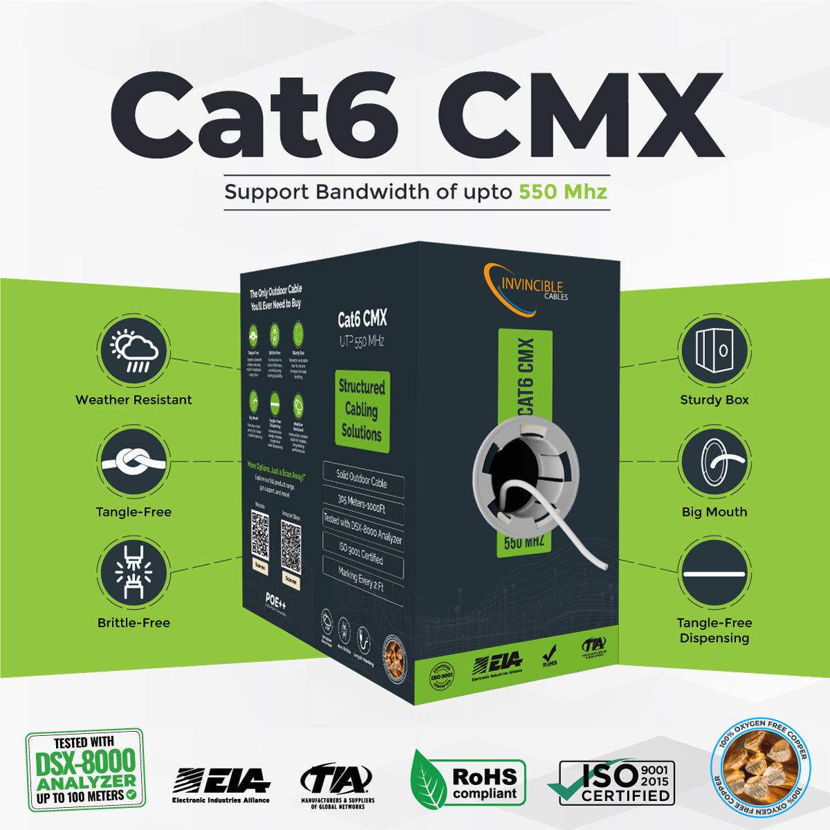 Cat6 CMX Outdoor | 1000ft | 23AWG Solid Copper | UTP | 550MHz | Blue Delivers 10Gb speeds and all PoE types — Fluke tested up to 100 meters, outdoor-rated with UV-resistant jacket.